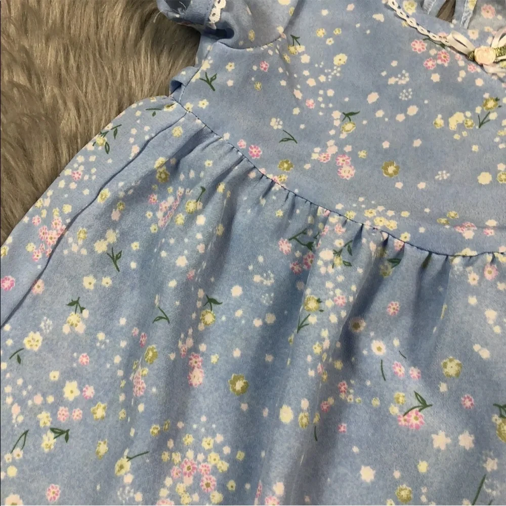Vintage Toddler Girls Blue Floral Tie Back 90s Dress